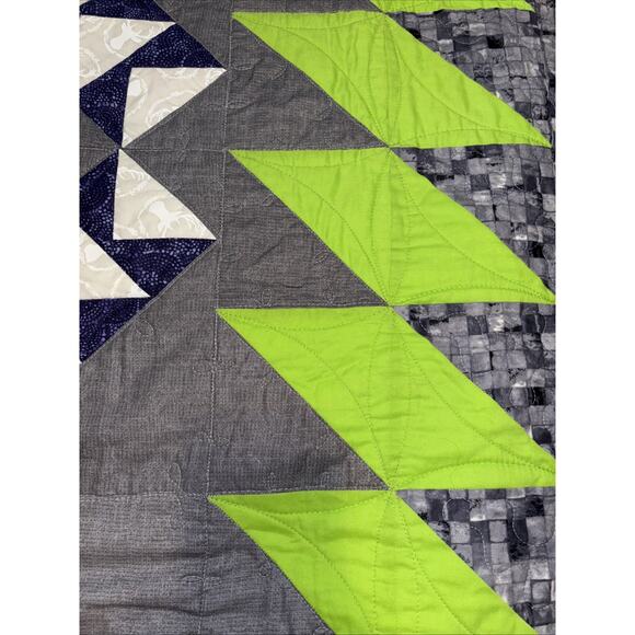 Handmade Modern 52x60 Quilt With Blue, Green And Gray Design. - Picture 4 of 11